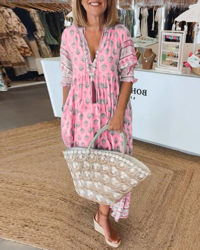Rue - Casual Printed V-neck Half Sleeve Dress